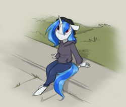 Size: 995x841 | Tagged: safe, artist:sinrar, character:dj pon-3, character:vinyl scratch, species:anthro, species:unguligrade anthro, species:unicorn, g4, clothing, female, grass, hat, hoodie, looking up, missing accessory, pants, purple eyes, signature, sitting, solo