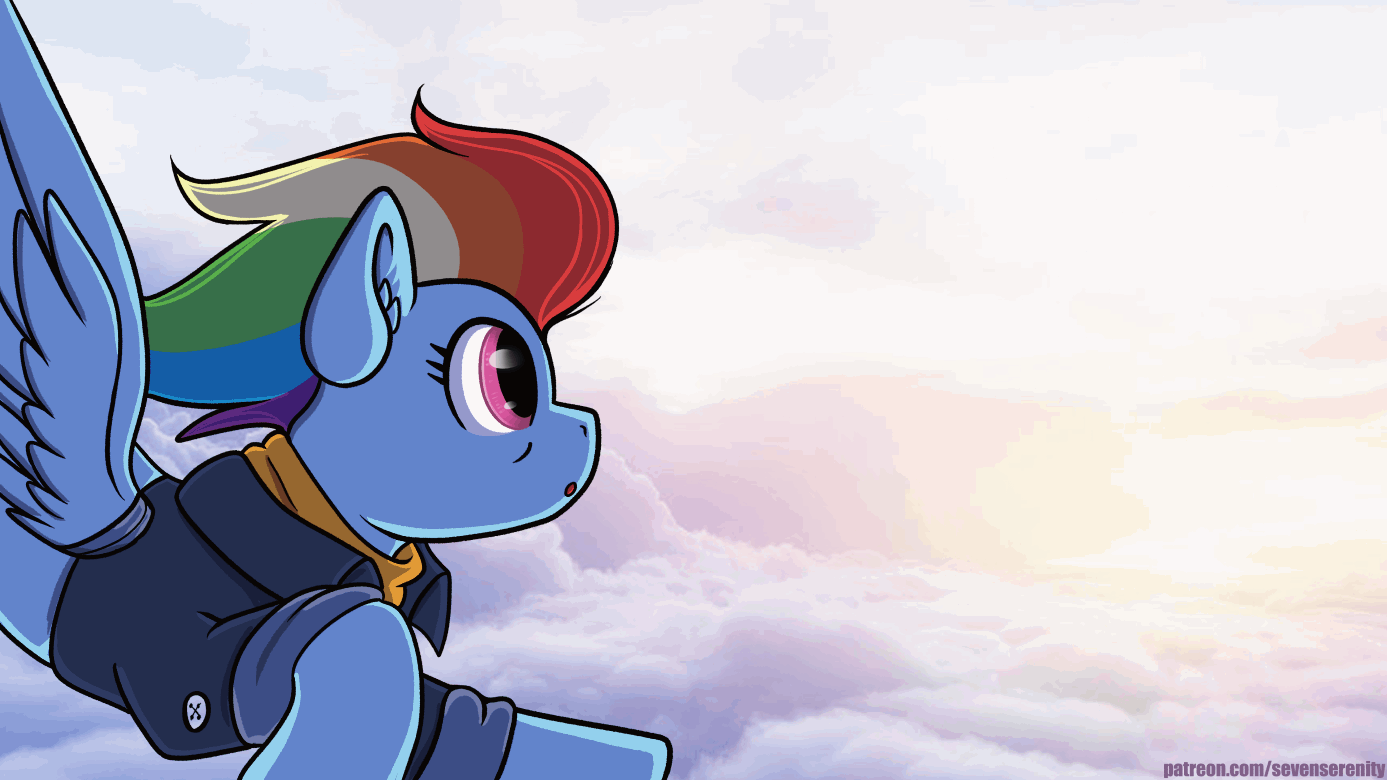 Size: 1387x780 | Tagged: safe, artist:sevenserenity, character:rainbow dash, species:pegasus, species:pony, episode:the last problem, g4, my little pony: friendship is magic, animated, bi-plane, clothing, flying, gif, older, older rainbow dash, plane, profile, sky, solo, spread wings