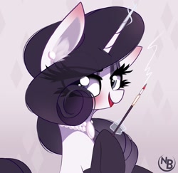 Size: 2574x2499 | Tagged: safe, artist:nevobaster, character:rarity, species:pony, species:unicorn, g4, cigarette, cigarette holder, cigarette smoke, clothing, ear piercing, earring, explicit source, eyebrows, eyebrows visible through hair, eyeshadow, female, glowing horn, jewelry, lidded eyes, looking at you, magic, makeup, mare, necklace, open mouth, pearl necklace, piercing, smiling, smoke, socks, solo, telekinesis