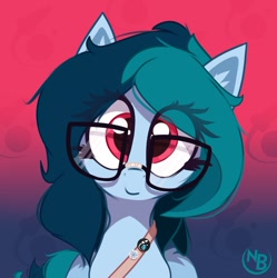 Size: 1061x1067 | Tagged: safe, artist:nevobaster, oc, oc only, oc:delta vee, species:pegasus, species:pony, g4, explicit source, female, glasses, looking at you, mare, pin, simple background, smiling, solo, tape