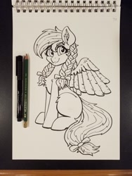 Size: 1548x2064 | Tagged: safe, artist:dandy, oc, oc only, oc:sylvia evergreen, species:pegasus, species:pony, g4, braid, explicit source, female, lineart, looking at you, mare, monochrome, notepad, pigtails, smiling, solo, spread wings, traditional art, twintails, wings, wip