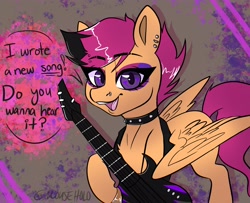 Size: 3500x2842 | Tagged: safe, artist:mouseholo, character:scootaloo, species:pegasus, species:pony, g4, abstract background, choker, dialogue, ear piercing, earring, filly, guitar, high res, jewelry, looking at you, makeup, musical instrument, necklace, nose piercing, nose ring, open mouth, open smile, piercing, signature, smiling, smiling at you, solo, speech bubble, text, young