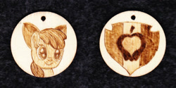 Size: 1024x513 | Tagged: safe, artist:malte279, character:apple bloom, species:earth pony, species:pony, g4, apple family member, craft, cutie mark, jewelry, necklace, pendant, pyrography, traditional art, wood