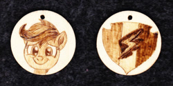 Size: 1024x513 | Tagged: safe, artist:malte279, character:scootaloo, species:pegasus, species:pony, g4, craft, cutie mark, jewelry, necklace, pendant, pyrography, traditional art, wood