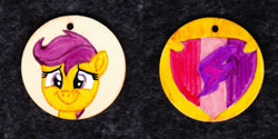 Size: 1024x513 | Tagged: safe, artist:malte279, character:scootaloo, species:pegasus, species:pony, g4, craft, cutie mark, jewelry, necklace, pendant, traditional art, wood