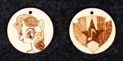 Size: 1024x513 | Tagged: safe, artist:malte279, character:sweetie belle, species:pony, species:unicorn, g4, craft, cutie mark, female, filly, jewelry, necklace, pendant, pyrography, the cmc's cutie marks, traditional art, wood, young