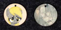 Size: 1024x513 | Tagged: safe, artist:malte279, character:derpy hooves, species:pegasus, species:pony, g4, craft, cutie mark, female, jewelry, necklace, pendant, traditional art, wood