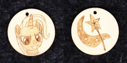 Size: 1024x513 | Tagged: safe, artist:malte279, character:trixie, species:pony, species:unicorn, g4, craft, cutie mark, female, jewelry, necklace, pendant, traditional art, wood