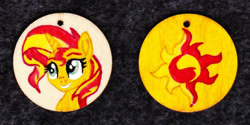Size: 1024x513 | Tagged: safe, artist:malte279, character:sunset shimmer, species:pony, species:unicorn, g4, my little pony:equestria girls, craft, cutie mark, female, jewelry, necklace, pendant, traditional art, wood