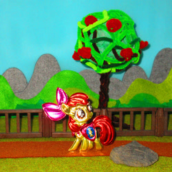 Size: 1024x1024 | Tagged: safe, alternate version, artist:malte279, character:apple bloom, species:earth pony, species:pony, g4, apple family member, craft, embossing, irl, metal foil, photo, playmobil, relief