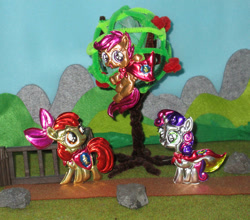 Size: 1024x902 | Tagged: safe, alternate version, artist:malte279, character:apple bloom, character:scootaloo, character:sweetie belle, species:earth pony, species:pony, g4, apple family member, cape, clothing, craft, cutie mark crusaders, embossing, irl, metal foil, photo, relief