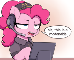 Size: 2700x2197 | Tagged: safe, artist:moozua, character:pinkie pie, species:earth pony, species:pony, g4, clothing, dialogue, female, headphones, headset, lidded eyes, mare, mcdonald's, microphone, open mouth, pinkie pie is not amused, simple background, solo, speech bubble, text, unamused