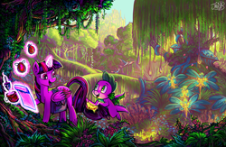 Size: 4481x2920 | Tagged: safe, artist:jowyb, character:spike, character:twilight sparkle, character:twilight sparkle (alicorn), species:alicorn, species:dragon, species:pony, g4, bag, color porn, duo, female, flying, forest, glowing horn, horn, magic, male, mare, saddle bag, telekinesis, winged spike, wings