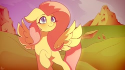 Size: 1200x675 | Tagged: safe, artist:alexsandercesa6, character:fluttershy, species:pegasus, species:pony, g4, cute, shyabetes, soft color, solo, spread wings, wings
