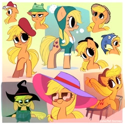 Size: 2500x2500 | Tagged: safe, artist:syrupyyy, character:applejack, species:earth pony, species:pony, g4, baseball cap, beret, breath, cap, cauldron, clothing, coat, cold, fedora, female, hat, mare, profile, smiling, solo, sun hat, sunglasses, three quarter view, unamused, witch, witch hat