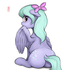 Size: 3782x3446 | Tagged: safe, alternate version, artist:celsian, character:flitter, species:pegasus, species:pony, g4, both cutie marks, bow, butt, cute, cutie mark, dock, female, flitterbetes, floppy ears, grooming, hair bow, looking at you, looking back, looking back at you, mare, plot, plump, preening, rear view, solo, tail, wings