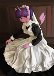 Size: 1500x2101 | Tagged: safe, artist:mrscroup, character:twilight sparkle, character:twilight sparkle (alicorn), species:alicorn, species:anthro, g4, alternate hairstyle, blushing, clothing, dress, female, floating wings, looking at you, maid, maidlight sparkle, mare, sitting, solo, wings