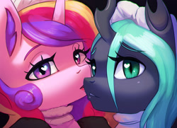 Size: 1900x1375 | Tagged: safe, artist:mrscroup, character:princess cadance, character:queen chrysalis, species:alicorn, species:changeling, species:pony, ship:cadalis, g4, changeling queen, duo, duo female, ear fluff, female, females only, heart eyes, horn, infidelity, kissing, kissing on the cheek, lesbian, looking at you, maid, maid headdress, mare, shipping, wingding eyes