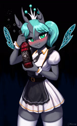 Size: 1500x2469 | Tagged: safe, artist:mrscroup, character:queen chrysalis, species:anthro, species:changeling, g4, alcohol, black background, blushing, bottle, clothing, crown, cute little fangs, drink, drunk, drunk bubbles, fangs, female, floating, jewelry, maid, necktie, ponytail, regalia, sharp teeth, simple background, smiling, socks, solo, stockings, thigh highs, zettai ryouiki