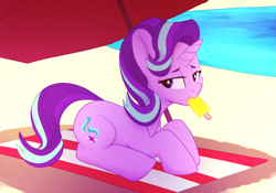Size: 1135x793 | Tagged: safe, artist:tallaferroxiv, character:starlight glimmer, species:pony, species:unicorn, g4, beach, cutie mark, female, food, horn, ice cream, looking at you, mare, outdoors, popsicle, shade, solo, towel, umbrella