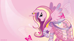 Size: 1920x1080 | Tagged: safe, artist:sambaneko, character:princess cadance, species:alicorn, species:pony, g4, license:cc-by-nc-nd, abstract background, butterfly, clothing, crown, cutie mark, dress, female, jewelry, looking at you, mare, pink background, regalia, simple background, solo