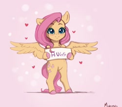Size: 2656x2348 | Tagged: safe, artist:miokomata, character:fluttershy, species:pegasus, species:pony, g4, abstract background, blushing, bronybait, colored hooves, cute, female, freckles, freckleshy, high res, hoof hold, hooves, hug request, looking at you, mare, semi-anthro, shyabetes, sign, signature, smiling, smiling at you, solo, spread wings, wings