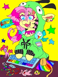 Size: 750x1000 | Tagged: safe, artist:tundrabang, character:fluttershy, character:pinkie pie, oc, oc:fluttgirshy, species:pegasus, species:pony, g4, anime style, antonymph, awesome face, bracelet, choker, clothing, computer, computer mouse, coontails, cute, cutie mark, ear piercing, earring, eyestrain warning, female, gauges, gir, gloomy bear, headphones, hoodie, implied rainbow dash, invader zim, jewelry, kandi, mare, meme, mousepad, necklace, pansexual, pansexual pride flag, piercing, pride flag, scene kid, shyabetes, solo, spiked choker, toy, trans female, transgender, transgender pride flag, vylet pony