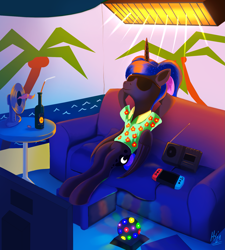 Size: 1803x2006 | Tagged: safe, artist:jphyperx, character:princess luna, species:alicorn, species:pony, episode:between dark and dawn, g4, my little pony: friendship is magic, beach, chillaxing, clothing, couch, disco ball, fan, female, footrest, hawaiian shirt, nintendo switch, ottoman (furniture), outdoors, palm tree, radio, shirt, solo, sunbathing, sunglasses, television, tree