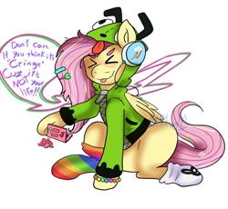 Size: 1200x1102 | Tagged: safe, artist:ribblue, character:angel bunny, character:fluttershy, character:pinkie pie, oc, oc:fluttgirshy, species:pegasus, species:pony, g4, antonymph, eyes closed, female, gir, headphones, implied rainbow dash, invader zim, keychain, lyrics, nintendo ds, simple background, solo, tongue out, vylet pony, white background