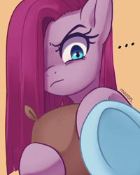 Size: 1600x2000 | Tagged: safe, artist:maren, character:pinkamena diane pie, character:pinkie pie, species:earth pony, species:pony, episode:party of one, g4, my little pony: friendship is magic, ..., frown, glare, hair over one eye, looking at you, madame leflour, offscreen character, signature, simple background, straight hair, yellow background