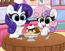Size: 4096x3218 | Tagged: safe, artist:kittyrosie, character:rarity, character:sweetie belle, species:pony, species:unicorn, g4, banana, banana split, blushing, cherry, cute, diasweetes, female, food, herbivore, ice cream, open mouth, raribetes, siblings, sisters, spoon, store, whipped cream