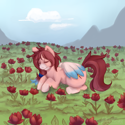Size: 1024x1024 | Tagged: safe, artist:rei, artist:sugarstarway, commissioner:kaifloof, oc, oc only, oc:rose scribbles, species:pegasus, species:pony, g4, coat markings, colored wings, commission, eyes closed, flower, flower field, multicolored hair, multicolored wings, ponytail, rose, socks (coat marking), two toned mane, two toned wings, wings, ych result