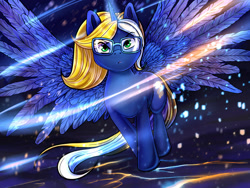 Size: 1920x1440 | Tagged: safe, artist:iimd, commissioner:kaifloof, oc, oc only, oc:time vortex (kaifloof), species:alicorn, species:pony, g4, alicorn oc, blue fire, commission, epic, female, fire, frown, glasses, glowing horn, horn, inferno, magic, majestic, mare, solo, spread wings, wings, ych result