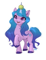 Size: 929x1200 | Tagged: safe, artist:u_lu_lu, character:izzy moonbow, species:pony, species:unicorn, g5, ball, cute, gradient hair, izzy's tennis ball, simple background, smiling, solo, standing, tennis ball, toy, white background