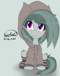 Size: 2380x3000 | Tagged: safe, artist:freefraq, character:marble pie, species:earth pony, species:pony, g4, cheek fluff, chest fluff, clothing, cute, eye clipping through hair, eyebrows, eyebrows visible through hair, female, fluffy, gray background, hoodie, hoof fluff, hooves, leg fluff, looking at you, mare, shadow, signature, simple background, smiling, socks, solo, striped socks, text