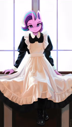 Size: 1600x2814 | Tagged: safe, artist:mrscroup, character:starlight glimmer, species:anthro, species:unicorn, g4, clothing, cute, dress, female, french maid, glimmerbetes, looking at you, maid, mare, signature, sitting, solo, window