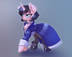 Size: 1772x1417 | Tagged: safe, artist:dandy, species:pony, species:unicorn, newbie artist training grounds, g4, atg 2021, bioshock, bioshock infinite, boots, choker, clothing, corset, crossover, dress, elizabeth comstock, explicit source, female, gray background, high heel boots, high heels, jewelry, mare, necklace, pantyhose, ponified, shoes, simple background, solo, species swap