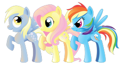 Size: 1443x770 | Tagged: safe, artist:sambaneko, character:derpy hooves, character:fluttershy, character:rainbow dash, species:pegasus, species:pony, g4, license:cc-by-nc-nd, .ai available, cutie mark, digital art, female, females only, mare, simple background, smiling, transparent background, trio, vector