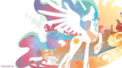 Size: 3840x2160 | Tagged: safe, artist:sambaneko, character:princess celestia, species:alicorn, species:pony, g4, license:cc-by-nc-nd, abstract background, clothing, cutie mark, digital art, ethereal mane, female, hoof shoes, horn, jewelry, mare, necklace, peytral, regalia, shoes, silhouette, solo, spread wings, vector, wings