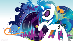 Size: 3840x2160 | Tagged: safe, artist:sambaneko, character:dj pon-3, character:vinyl scratch, species:pony, species:unicorn, g4, license:cc-by-nc-nd, abstract background, cutie mark, digital art, female, mare, silhouette, solo, vector, vinyl's glasses
