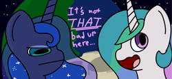 Size: 1507x700 | Tagged: safe, artist:melodysketch, character:princess celestia, character:princess luna, species:alicorn, species:pony, g4, art challenge, cell shaded, dialogue, duo, duo female, female, luna is not amused, manechat challenge, missing accessory, moon, planet, simple shading, space, trollestia