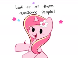 Size: 2188x1628 | Tagged: safe, artist:kittyrosie, oc, oc only, oc:rosa flame, species:pony, species:unicorn, g4, black sclera, blushing, cute, dot eyes, flower, ocbetes, open mouth, open smile, simple background, smiling, solo, text, white background