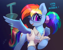 Size: 1280x1023 | Tagged: safe, artist:xbi, character:rainbow dash, species:pegasus, species:pony, g4, adorkable, clothing, cute, dashabetes, dork, drink, drinking, erlenmeyer flask, glasses, misspelling, name tag, nerd, open mouth, ponytail, radioactive, rainbow dork, scientist, shirt, solo, test tube, text, this will end in tears, this will end in tears and/or death, too dumb to live, wing hands, wing hold, wings