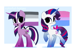 Size: 3571x2500 | Tagged: safe, artist:syrupyyy, character:rarity, character:twilight sparkle, character:twilight sparkle (unicorn), species:pony, species:unicorn, g4, asexual, asexual pride flag, bisexual, bisexual pride flag, bow, cute, duo, eyeshadow, female, high res, makeup, male, mare, open mouth, pride, pride flag, raised hoof, raised leg, raribetes, tail bow, twiabetes