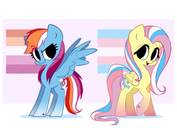 Size: 2673x1931 | Tagged: safe, artist:syrupyyy, character:fluttershy, character:rainbow dash, species:pegasus, species:pony, g4, cute, dashabetes, female, lesbian, lesbian dash, lesbian pride flag, mare, open mouth, pride, pride flag, pride ponies, raised hoof, shyabetes, trans female, transgender, transgender pride flag