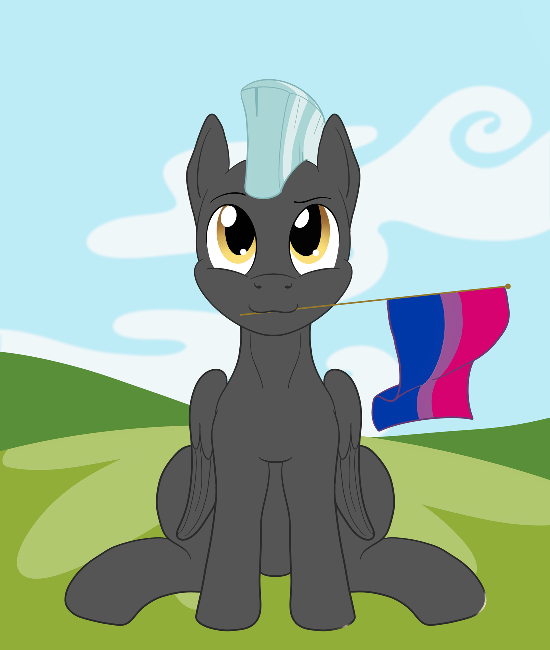 Size: 550x650 | Tagged: safe, artist:sixes&sevens, derpibooru original, character:thunderlane, species:pegasus, species:pony, g4, animated, bisexual, bisexual pride flag, female, gif, headcanon, holding, lgbt headcanon, looking at you, male, mouth hold, outdoors, pride, pride flag, sexuality headcanon, solo, stallion, tail, tail wag