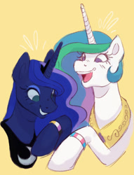Size: 952x1243 | Tagged: safe, artist:spushii, character:princess celestia, character:princess luna, species:alicorn, species:pony, g4, duo, female, mare, no pupils, nonbinary pride flag, pride, pride flag, royal sisters, simple background, sisters, smiling, transgender pride flag, yellow background
