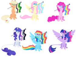 Size: 1024x768 | Tagged: safe, artist:uunicornicc, character:applejack, character:fluttershy, character:pinkie pie, character:rainbow dash, character:rarity, character:twilight sparkle, character:twilight sparkle (alicorn), species:alicorn, species:earth pony, species:pegasus, species:pony, g4, applejack's hat, aromantic, aromantic pride flag, asexual pride flag, bi twi, bilight sparkle, bisexual pride flag, clothing, cowboy hat, female, gay pride, gay pride flag, gender headcanon, hair tie, hat, headcanon, leonine tail, lgbt headcanon, looking up, mane six, mare, pansexual pride flag, pride, pride flag, sexuality headcanon, simple background, sitting, spread wings, stetson, tail, transgender, transgender pride flag, transparent background, wings
