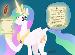 Size: 2379x1753 | Tagged: safe, artist:romulus4444, character:princess celestia, species:alicorn, species:pony, g4, art challenge, feather, inset, jewelry, levitation, magic, magic aura, manechat, manechat challenge, necklace, peytral, quill, scroll, smiling, solo, standing, text, trollestia