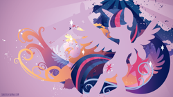 Size: 3840x2160 | Tagged: safe, artist:sambaneko, character:twilight sparkle, character:twilight sparkle (alicorn), species:alicorn, species:pony, g4, license:cc-by-nc-nd, abstract background, cutie mark, digital art, female, horn, mare, silhouette, solo, spread wings, vector, wings